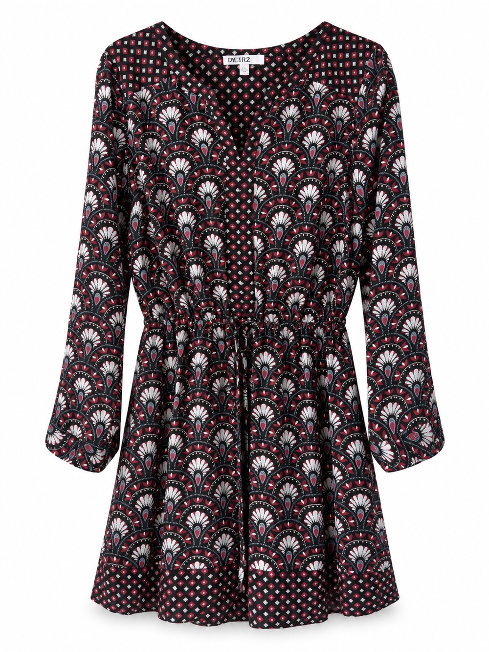 Black and Pink Patterned Long-Sleeve Dress